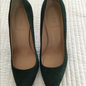 J Crew dark green suede heels made in Italy.